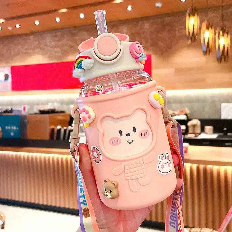 Kawaii Straw Water Bottle with Outdoor Strap