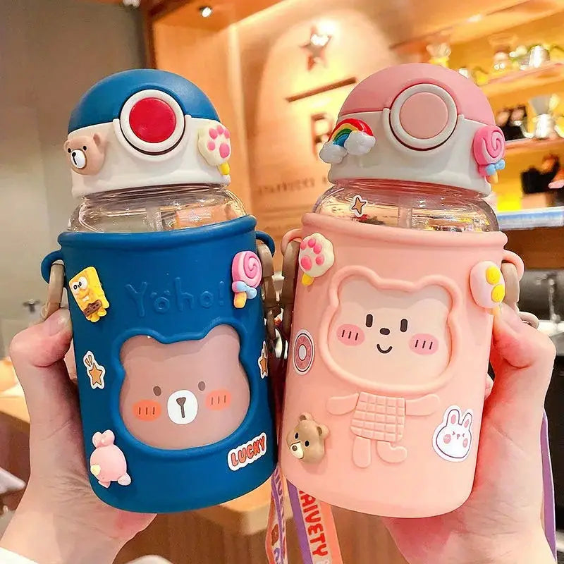 Kawaii Straw Water Bottle with Outdoor Strap