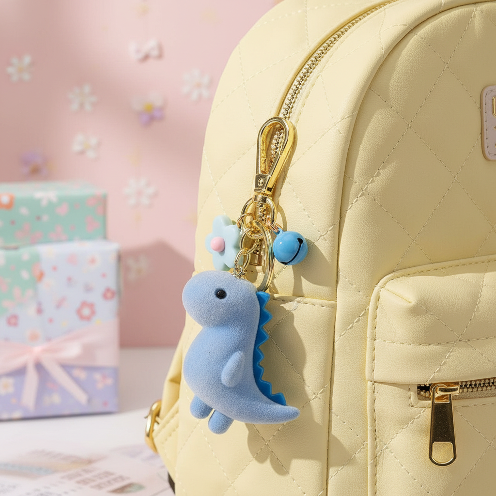 Blue Dino Keychain — Clipped onto Yellow Backpack Zipper