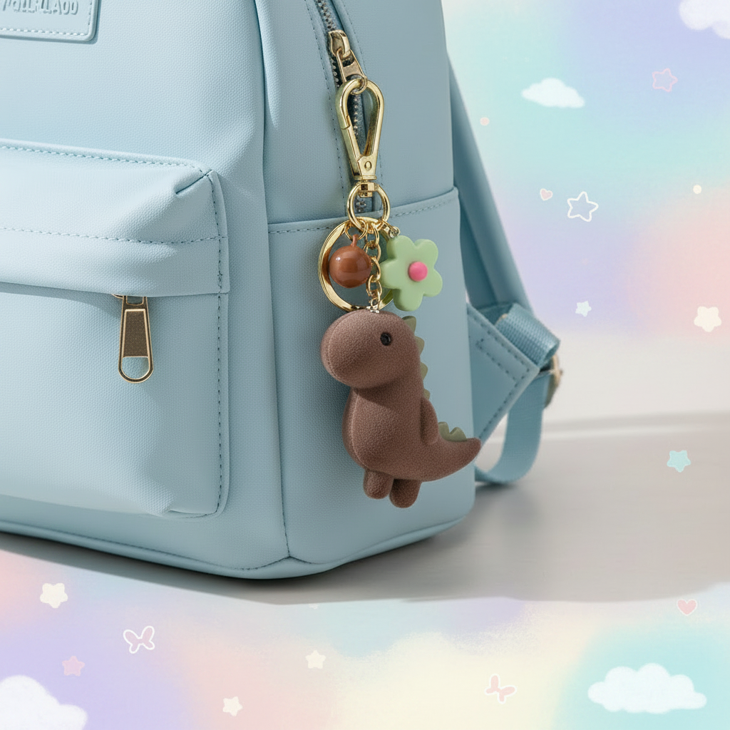 Brown Dino Keychain — Blue Backpack Kawaii Background