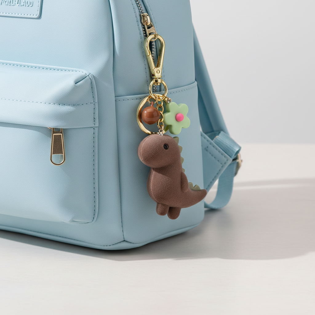 Brown Dino Keychain — Pastel Blue Backpack