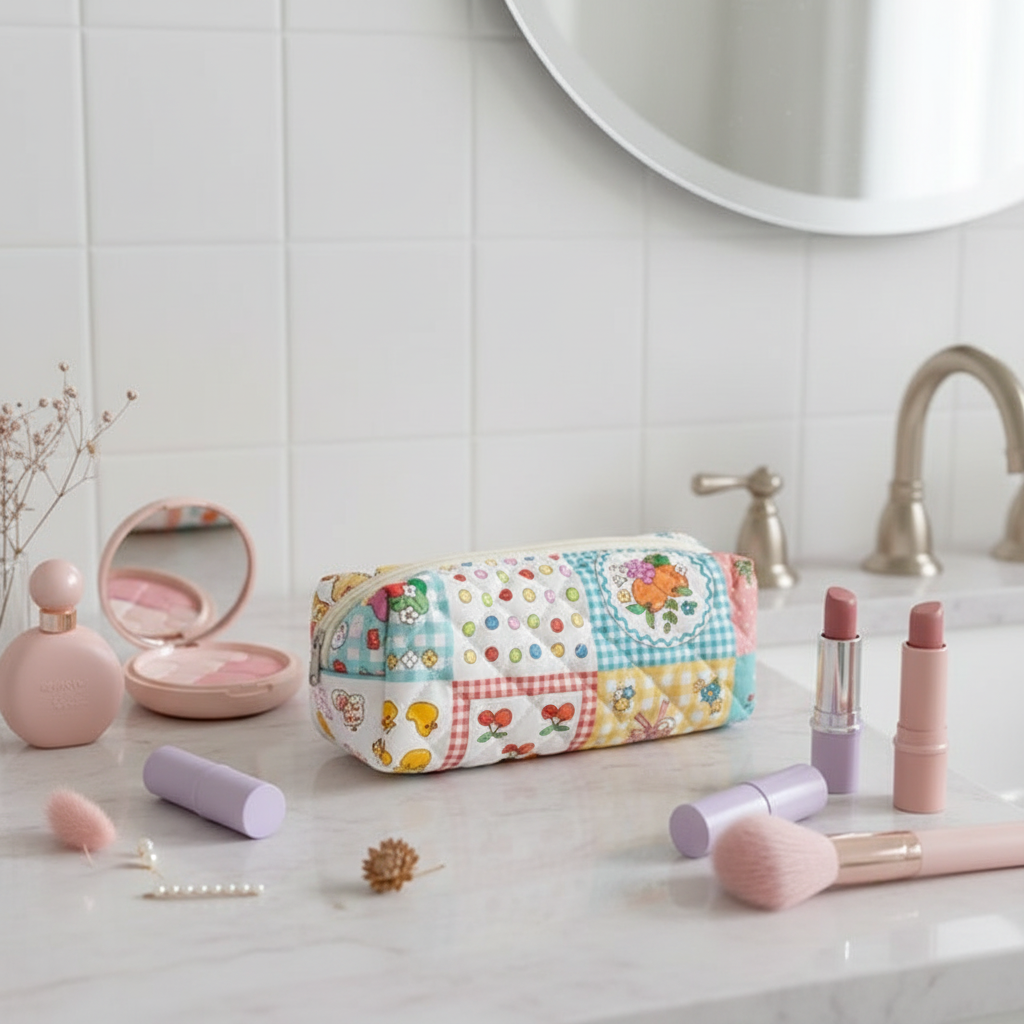 Colourful Patchwork Pouch — Kawaii Pastel Sink Scene