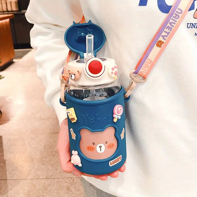 Kawaii Straw Water Bottle with Outdoor Strap