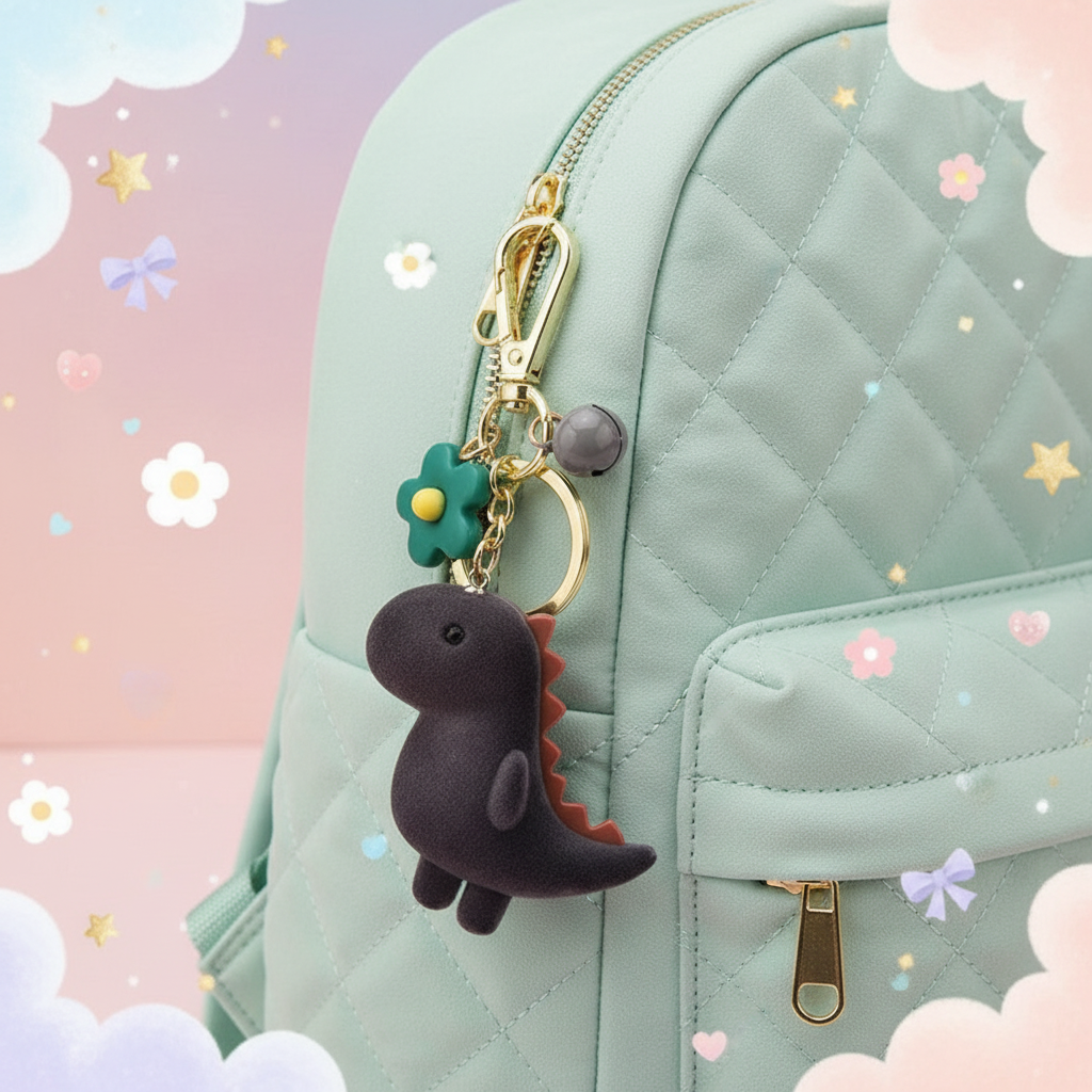 Dark Dino Keychain — Pastel Green Backpack Kawaii Scene