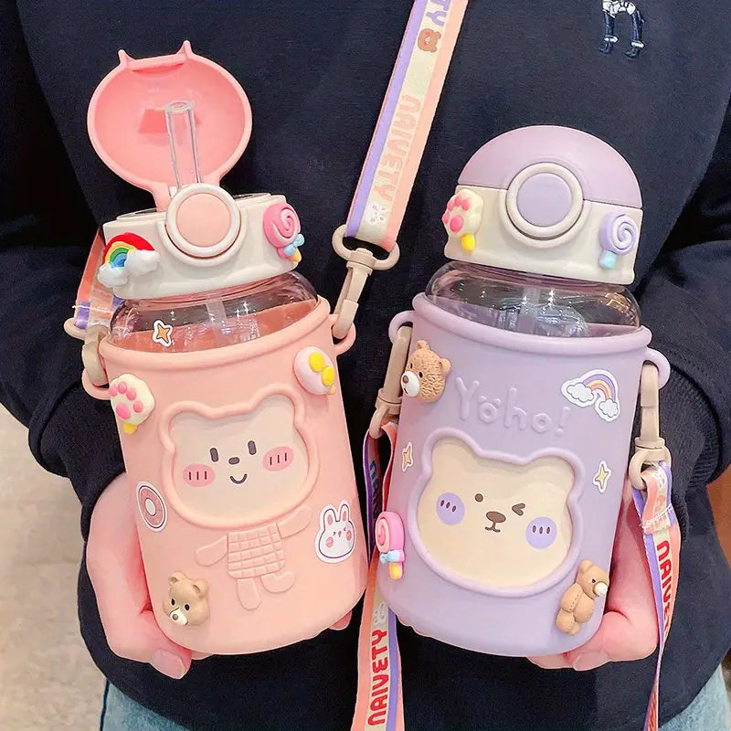 Kawaii Straw Water Bottle with Outdoor Strap