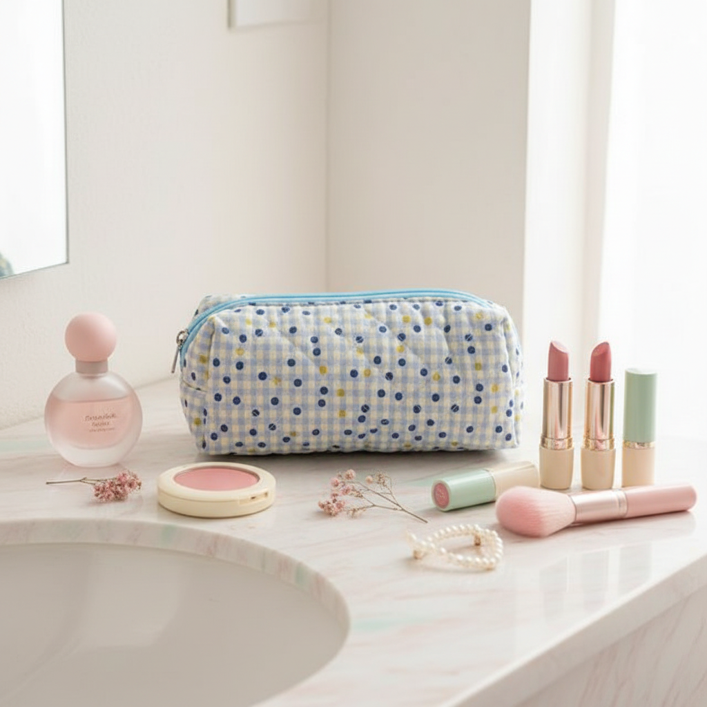 Navy Dot Gingham Pouch — Kawaii Pastel Sink Scene