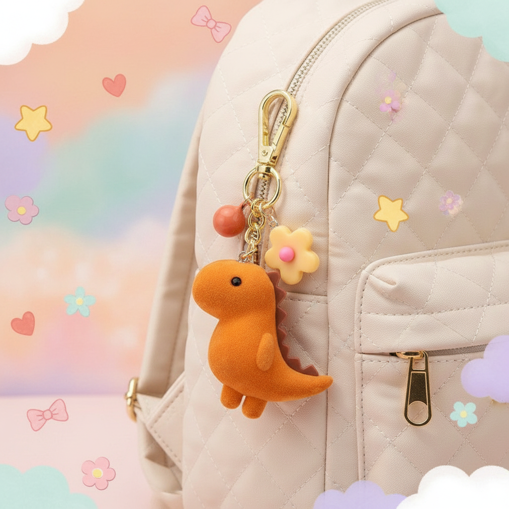 Orange Dino Keychain — Pastel Cream Backpack Kawaii Scene