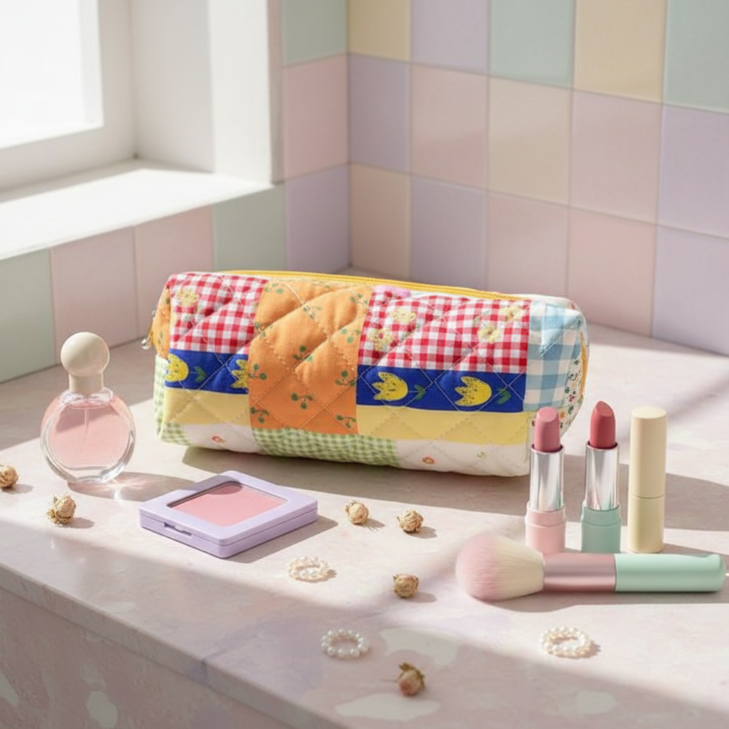 Patchwork Gingham Pouch — Kawaii Pastel Sink Scene