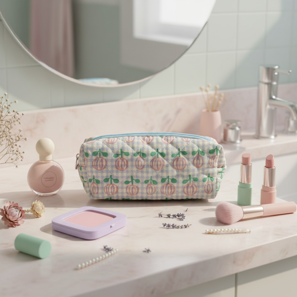 Peach Gingham Pouch — Kawaii Pastel Sink Scene