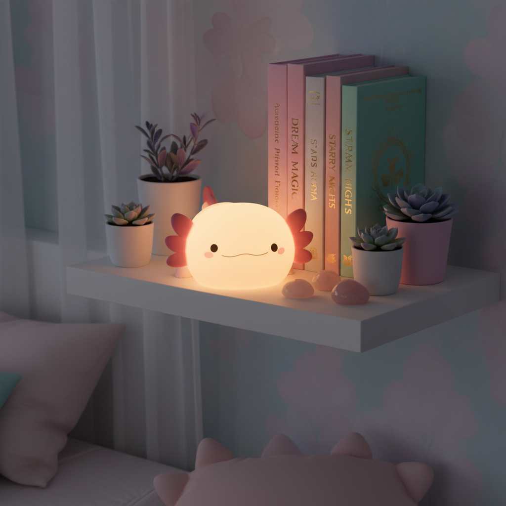 Pink Axolotl Night Lamp - Bedroom Shelf Lifestyle