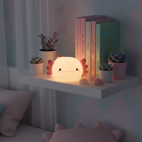 Pink Axolotl Night Lamp - Bedroom Shelf Lifestyle