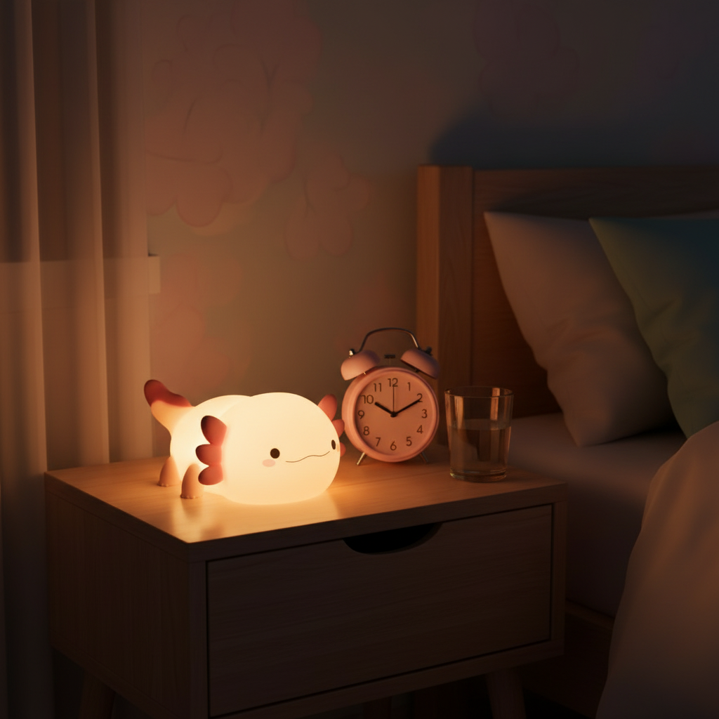 Pink Axolotl Night Lamp - Nightstand Lifestyle