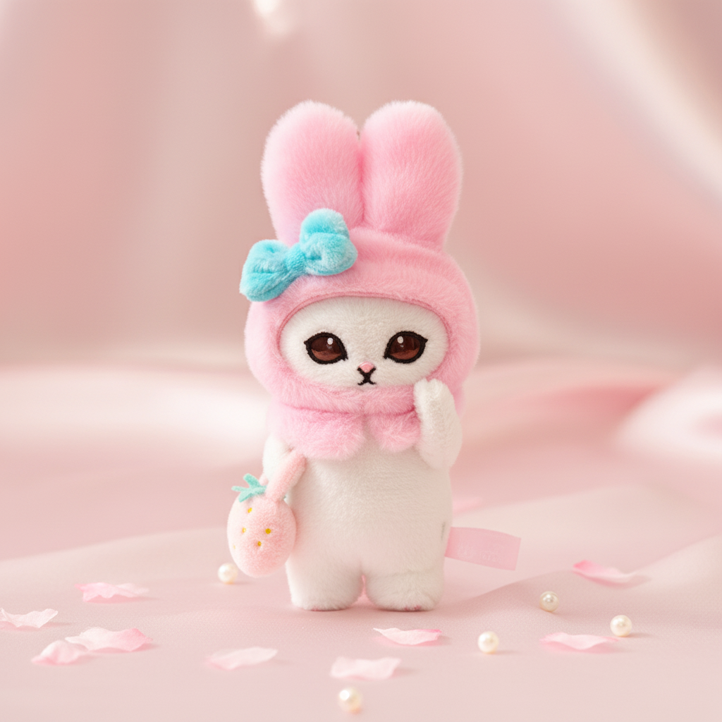 Pink Bunny Hat Cat Plush Keychain Kawaii
