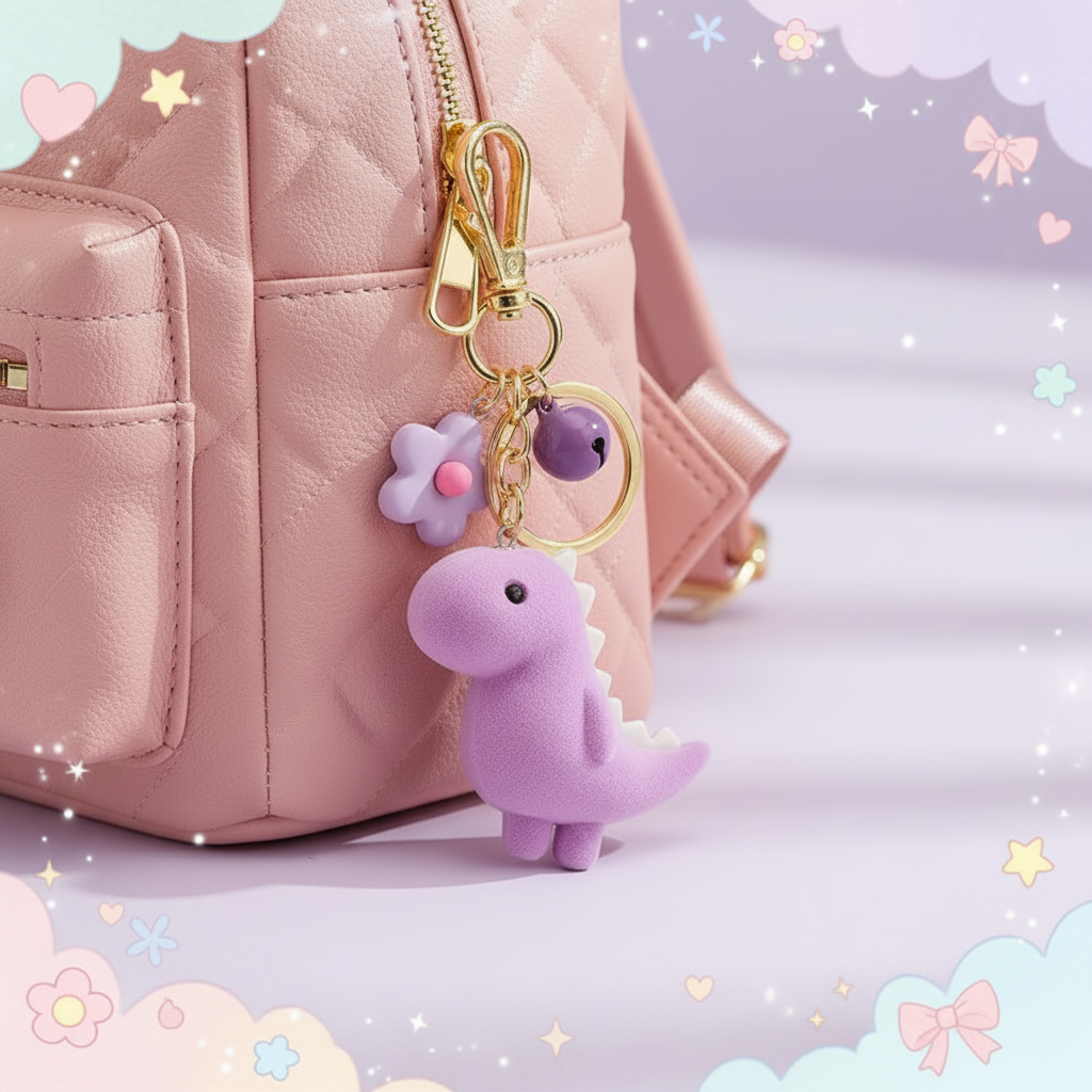 Purple Dino Keychain — Pink Backpack Kawaii Background