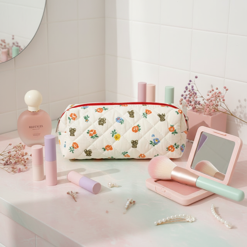 Quilted Floral Pouch — Kawaii Pastel Sink Scene