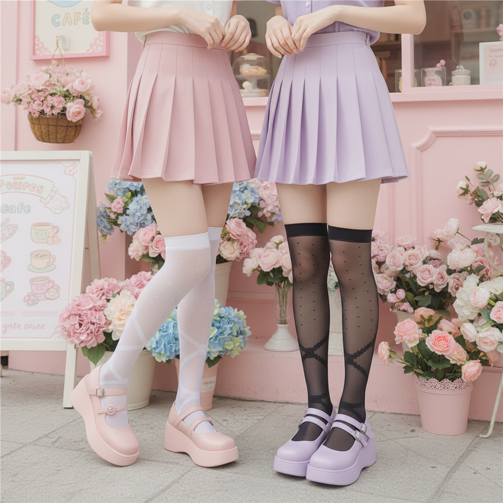 Two Girls — White & Black Stockings — Pastel Kawaii Café